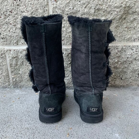 UGG AUSTRALIA Bailey Button Boots Womens 7 38 Black Suede High Boot Shearling - Picture 4 of 13